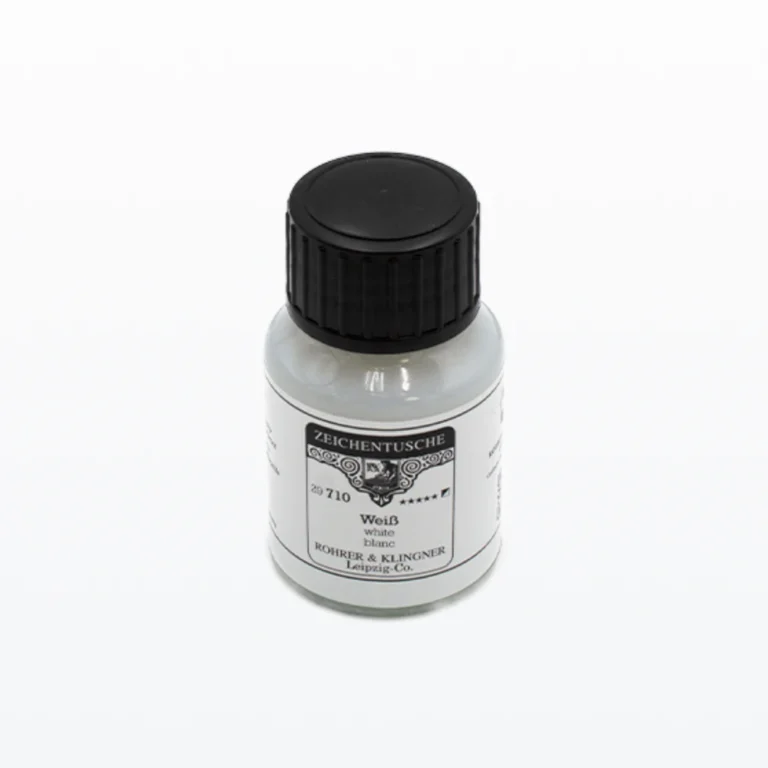 50 ml. flydende vandfast tusch i farven hvid på glasflaske med skruelåg. Fra fabrikanten Rohrer & Klingner