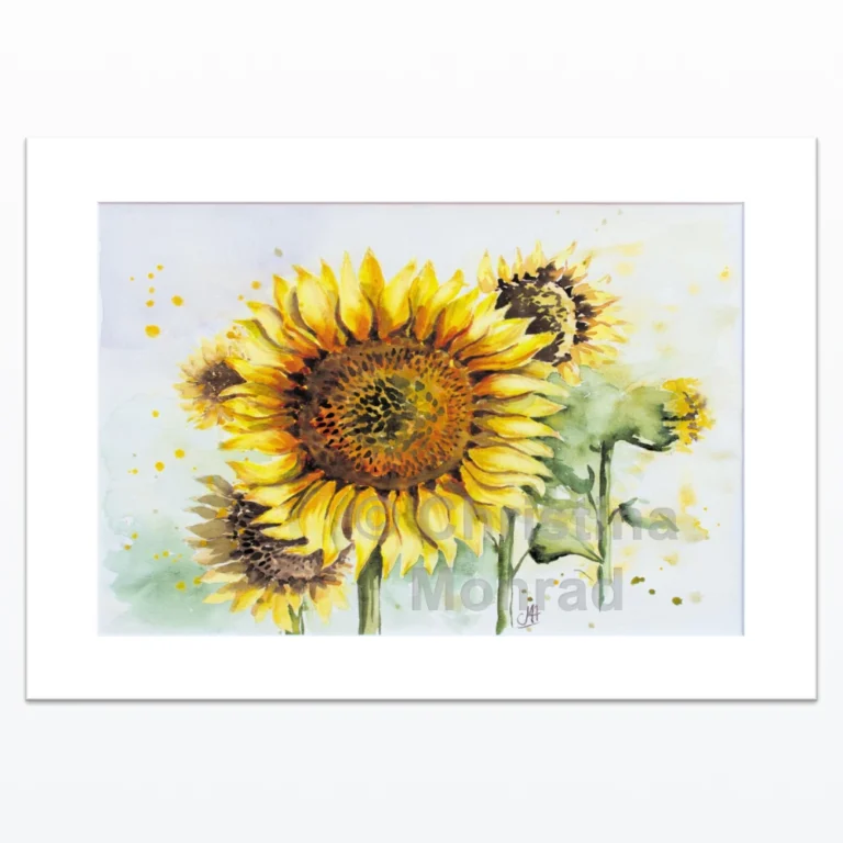 Akvarelmaleri af fire solsikker i fuldt flor med gule kronblade og grønne stilke mod en lys, drømmende baggrund, malet af Christina Monrad.