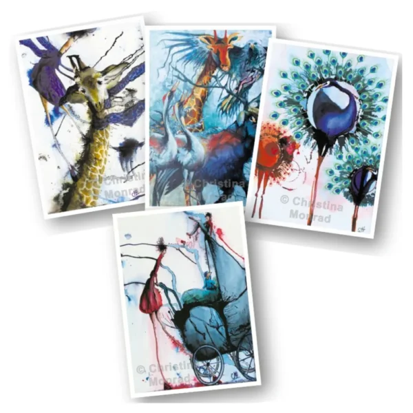 Sammensat billede af fire akvareller med giraf, barnevognsscene, farverig påfugl og eksotiske dyr.