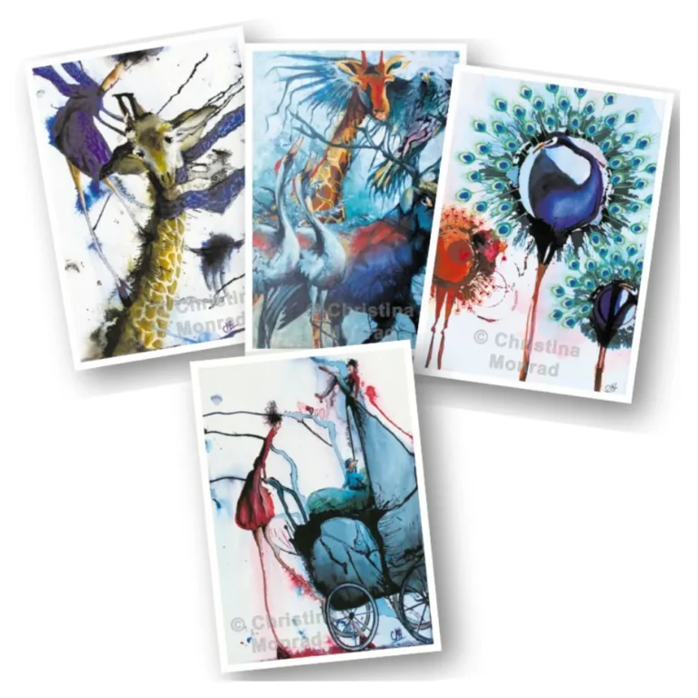 Sammensat billede af fire akvareller med giraf, barnevognsscene, farverig påfugl og eksotiske dyr.