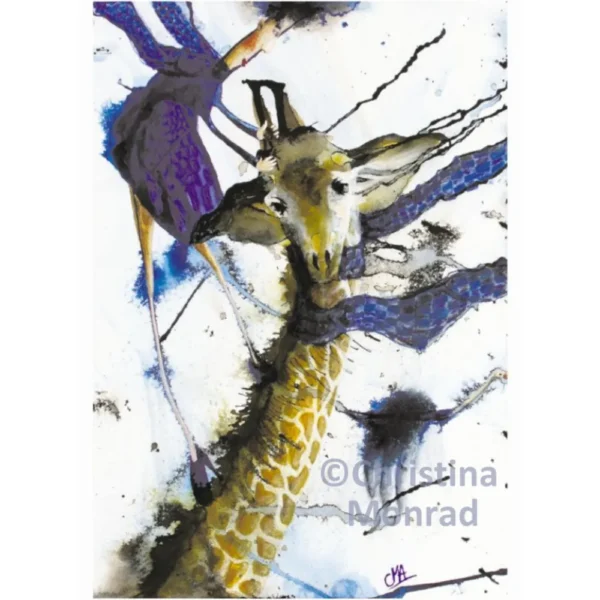 Abstrakt akvarel af en giraf med lange øjenvipper, omgivet af lilla og blå former og strøg.