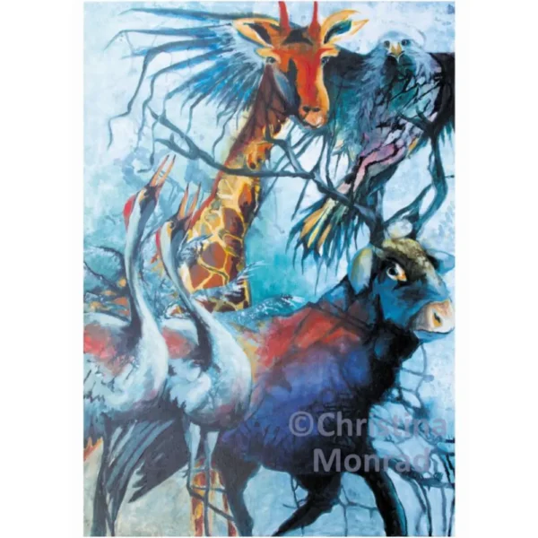 Fantasifuldt dyremotiv med giraf, okse, rovfugl og to traner i levende blå og orange nuancer.