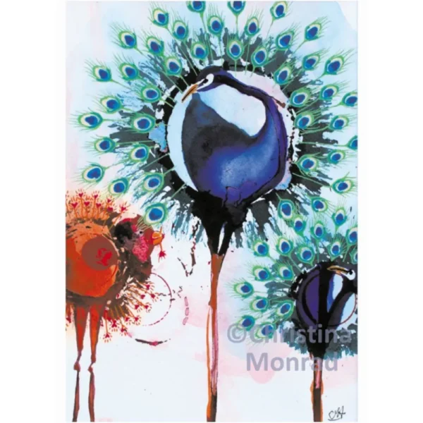 Kreativ akvarel med en blå fugl midt i en farverig fjerpragt, omgivet af blomsterlignende former.