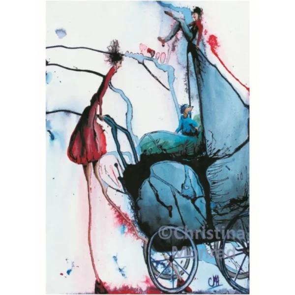 Farverig akvarel af en surrealistisk scene med tre figurer omkring en stor blå barnevogn og barn med hundeører.