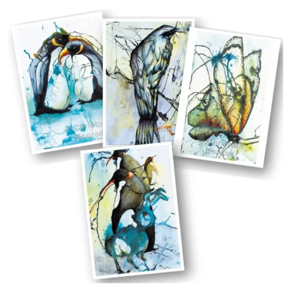 Akvarelkunst med fire farverige motiver: to kejserpingviner i kærlig gestus, en siddende fugl med detaljerede fjer, en abstrakt sommerfugl med fine linjer og et fantasifuldt dyr sammen med tre pingviner.