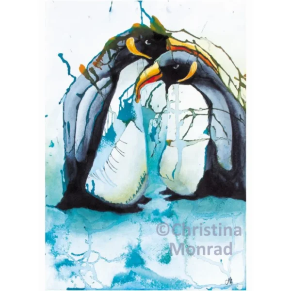 Akvarelkunst med farverige motiver, to kejserpingviner i kærlig gestus