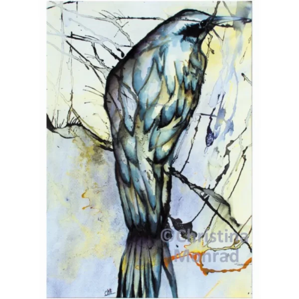 Akvarelkunst med farverige motiver, en siddende fugl med detaljerede fjer