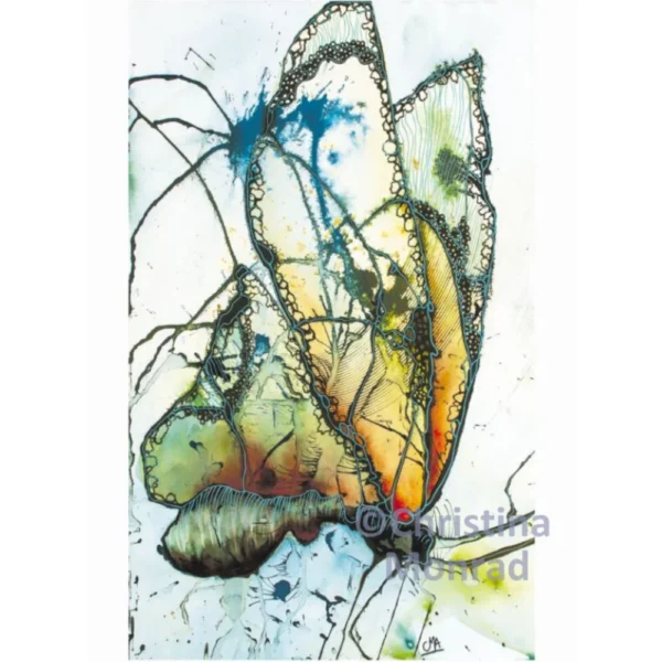 Akvarelkunst med farverige motiver, en abstrakt sommerfugl med fine linjer