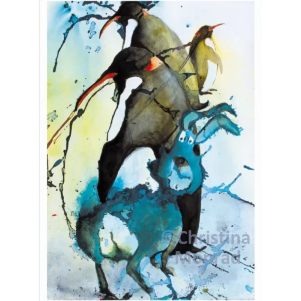 Akvarelkunst med farverige motiver, et fantasifuldt dyr sammen med tre pingviner.