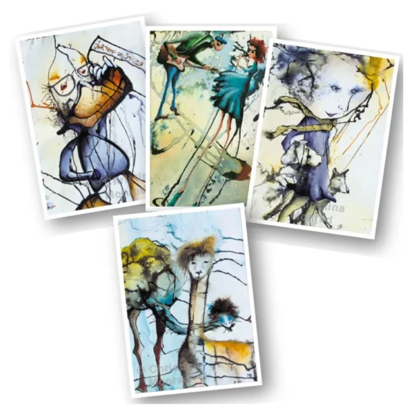 Fantasifuld og farverig samling af surrealistiske illustrationer med menneskelignende figurer, dyr og drømmelignende scenerier i en legende og abstrakt stil.