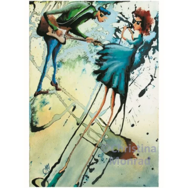 Ekspressivt maleri af mand med guitar og kvinde der synger, begge med lange ben og stærke farver.
