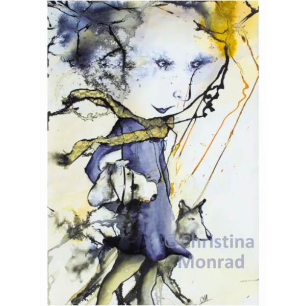 Kunstnerisk illustration af pige i blå kjole og gul tørklæde omgivet af ulv og abstrakte elementer.