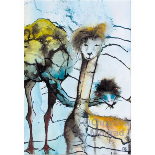 Fantasifuldt maleri af dyr med kombinerede træk fra løve, struds og træer i akvarelstil.