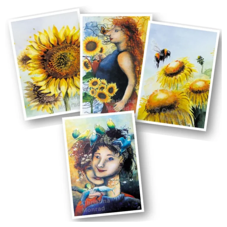 Farverig illustration af solsikke i nærbillede med gule kronblade og detaljeret midte.