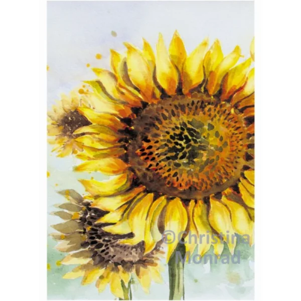 Detaljeret maleri af stor solsikke i fuld blomst med visnende blomster i baggrunden.