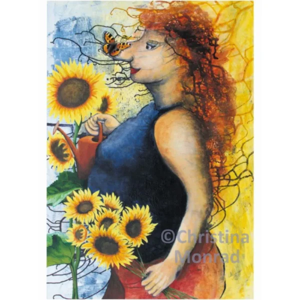 Kunstnerisk maleri af kvinde med rødt hår omgivet af solsikker og sommerfugl på næsen.