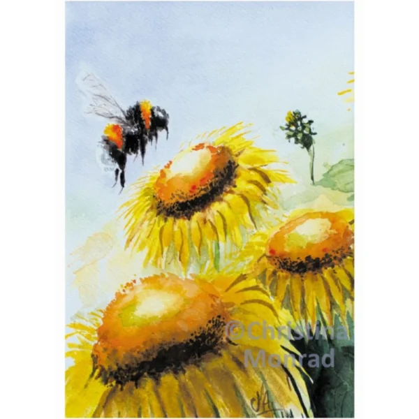 Aquarel af humlebi, der flyver over solsikker mod en blå himmel.