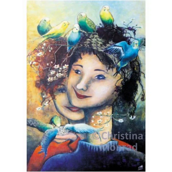 Fantasifuldt portræt af kvinde med fugle og blomster i håret, i livlige farver.