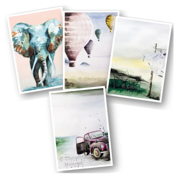 Stemningsfulde akvarelmotiver af en farverig elefant forfra, svævende luftballoner, en retrobil i landskabet og en skjorte blafrende på tørresnor, malet af Christina Monrad.