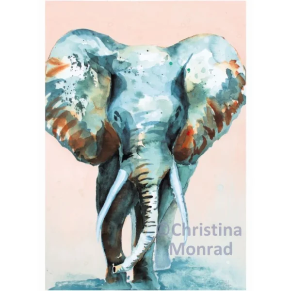 Akvarelmaleri af en farverig elefant forfra med store ører og lange stødtænder mod en lyserød baggrund.