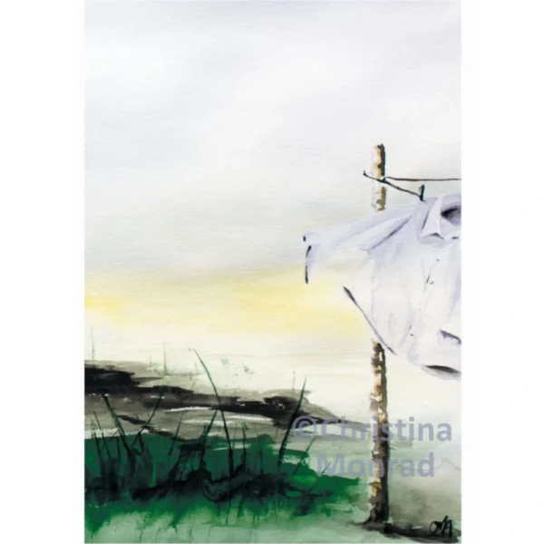 Akvarelmaleri af en hvid skjorte, der hænger og blafrer på en tørresnor i et åbent landskab ved solnedgang.