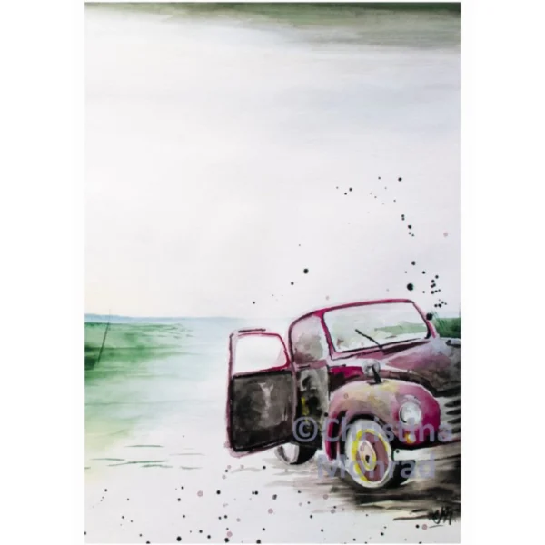 Akvarel af en rød vintagebil med åben dør, parkeret i et stille, grønt landskab under en overskyet himmel.