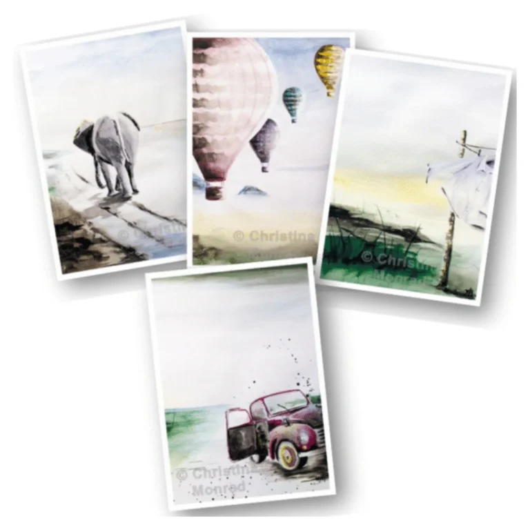 Stemningsfulde akvarelmotiver af en elefant på vej, farverige luftballoner, en gammel bil ved havet og en skjorte blafrende i vinden, malet af Christina Monrad.