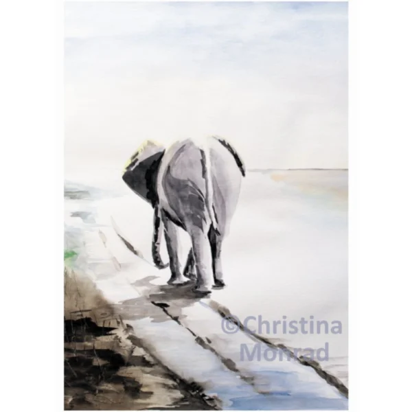 Akvarelmaleri af en elefant, der går væk ad en sti i et åbent, lyst landskab.