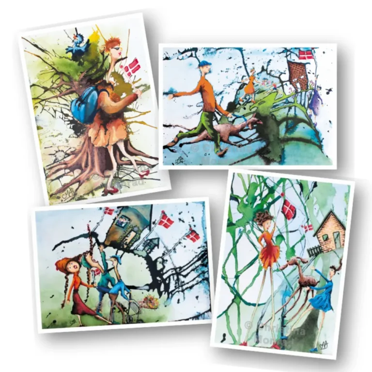 Farverige, surrealistiske illustrationer af mennesker med lange lemmer og dyr i legende scenarier, omgivet af dannebrog og skæve huse, malet i akvarel af Christina Monrad.