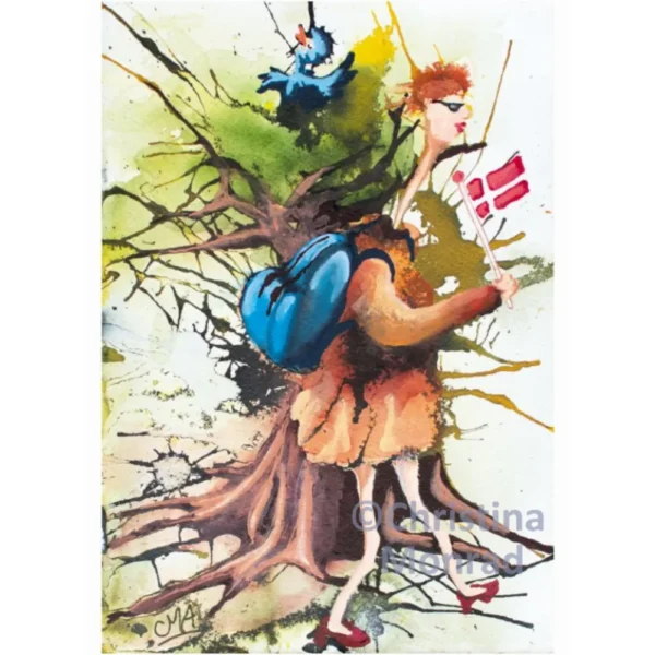 Farverige, surrealistiske illustrationer af mennesker med lange lemmer og dyr i legende scenarier, omgivet af dannebrog og skæve huse, malet i akvarel af Christina Monrad.