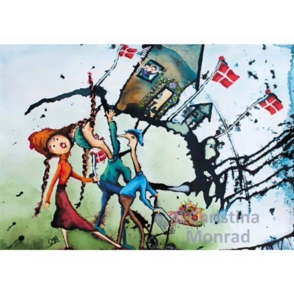 Farverige, surrealistiske illustrationer af mennesker med lange lemmer og dyr i legende scenarier, omgivet af dannebrog og skæve huse, malet i akvarel af Christina Monrad.