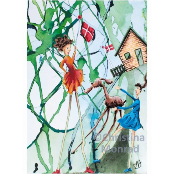 Farverige, surrealistiske illustrationer af mennesker med lange lemmer og dyr i legende scenarier, omgivet af dannebrog og skæve huse, malet i akvarel af Christina Monrad.