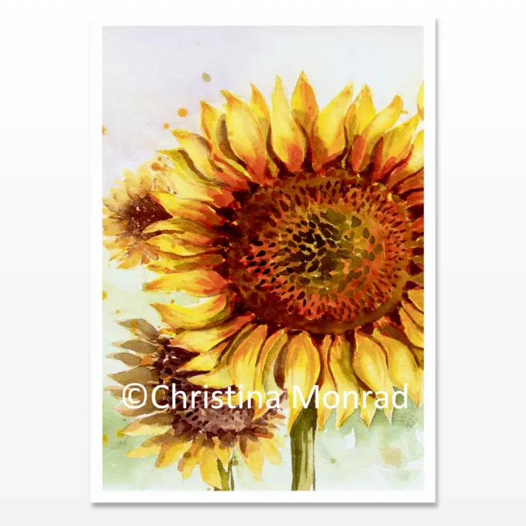 A5 kort med solsikke motiv malet af Christina Monrad
