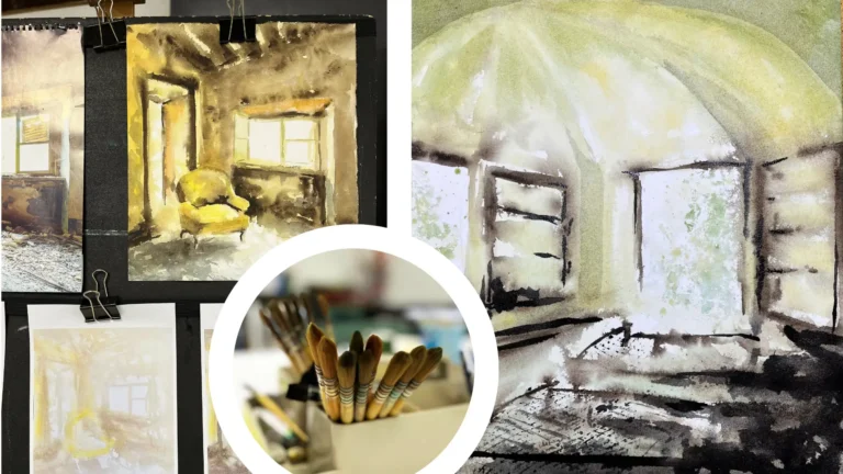 Akvarelmalerier ud fra et tema om "forladte steder" på akvarelkursus hos kreativenergi.dk