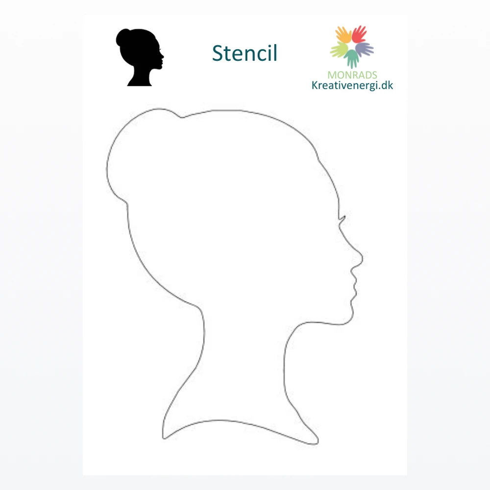 Ansigt i profil stencil, A5 1 Skabelon med konturtegning af kvindesilhuet i profil med opsat hår fra Monrads Kreativenergi.dk.