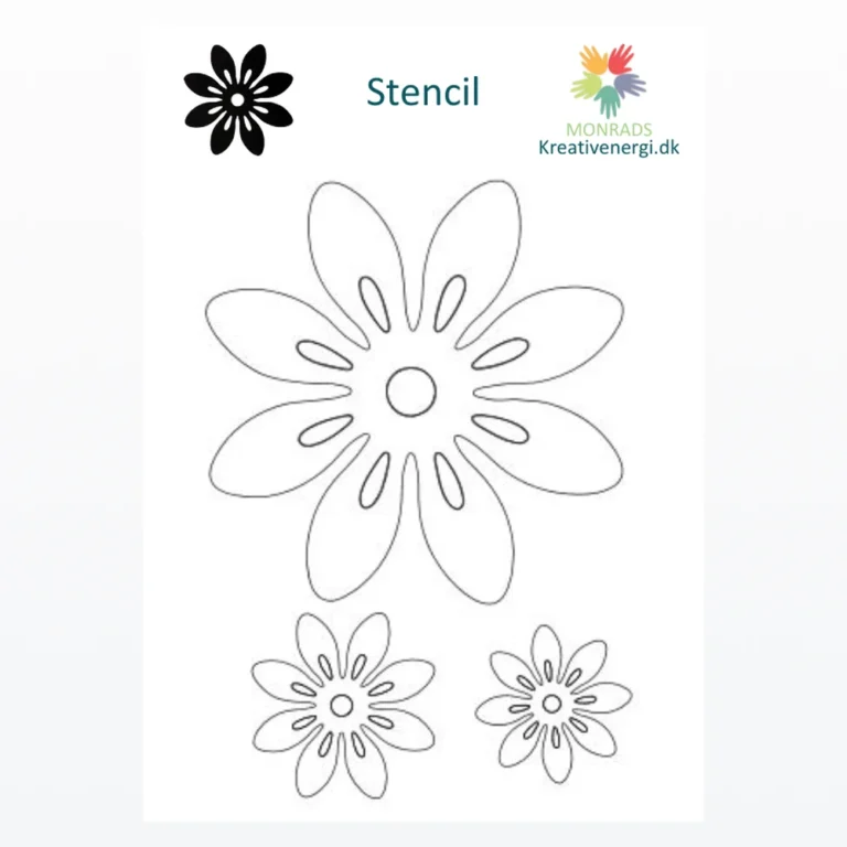 Skabelon med konturtegninger af tre blomster med ovale kronblade fra Monrads Kreativenergi.dk.