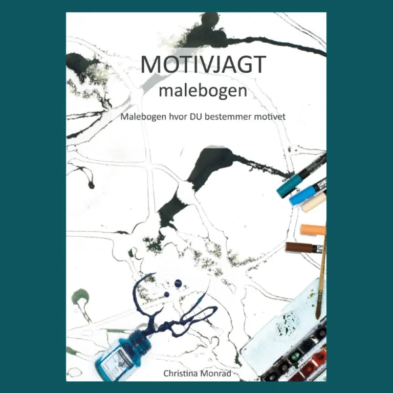 Forside af "Motivjagt malebogen" med abstrakte blækstreger, tuschpenne og tekst om at vælge sit eget motiv, af Christina Monrad.