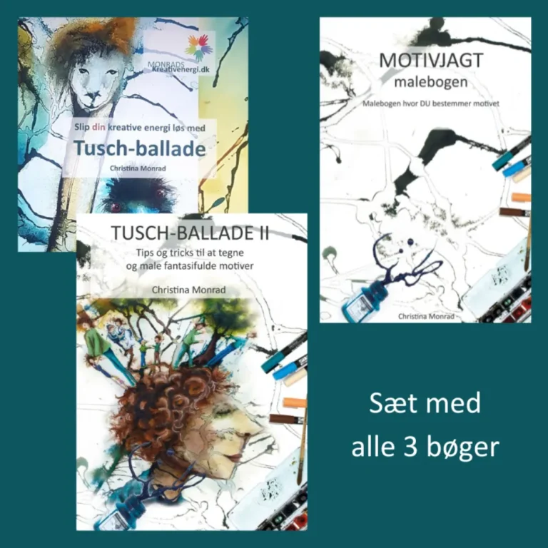 Collage med forsider af tre bøger: "Tusch-ballade", "Tusch-ballade II" og "Motivjagt malebogen" af Christina Monrad, sat på blå baggrund med tekst "Sæt med alle 3 bøger".