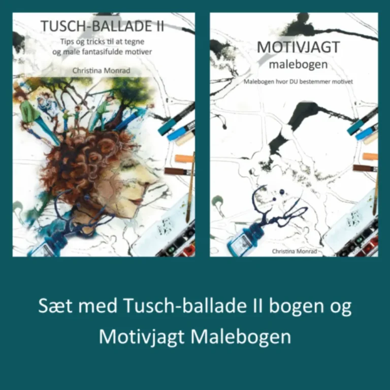 Sæt med "Tusch-ballade II" og "Motivjagt Malebogen", vist med deres farverige og kreative forsider, begge af Christina Monrad.