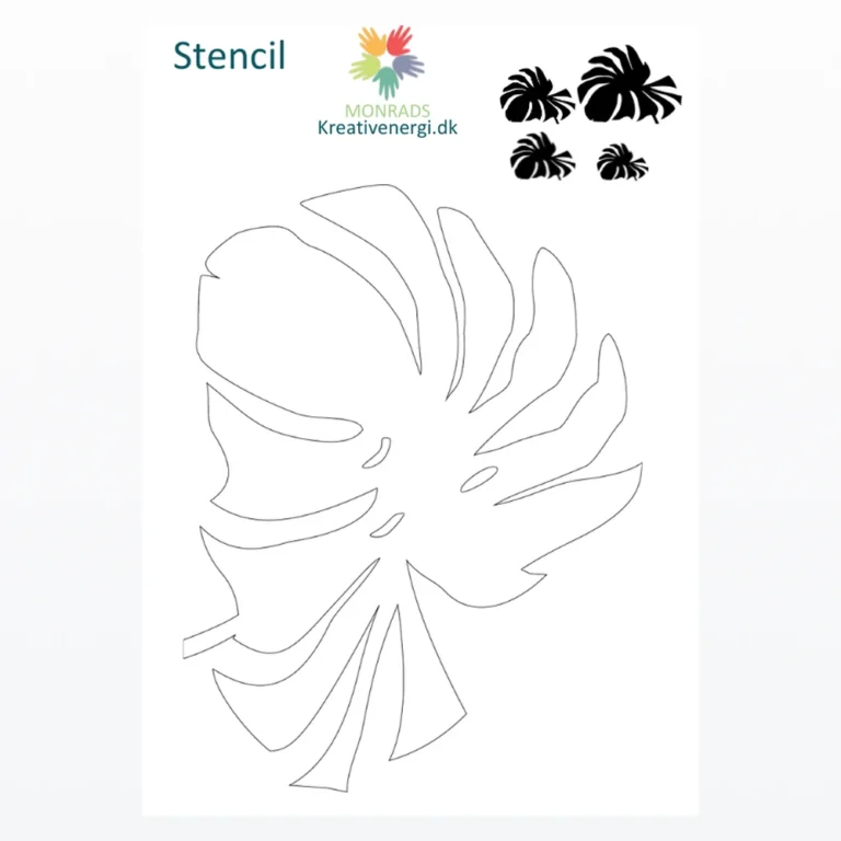 Skabelon med konturtegning af et stort monstera-blad og mindre varianter fra Monrads Kreativenergi.dk.