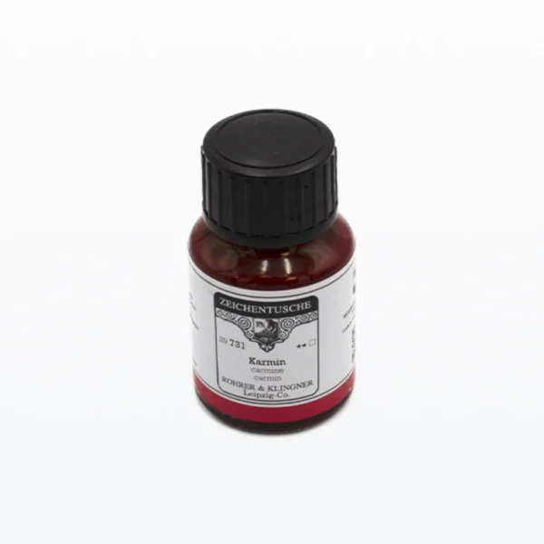 50 ml. flydende vandfast tusch i farven karmin på glasflaske med skruelåg. Fra fabrikanten Rohrer & Klingner