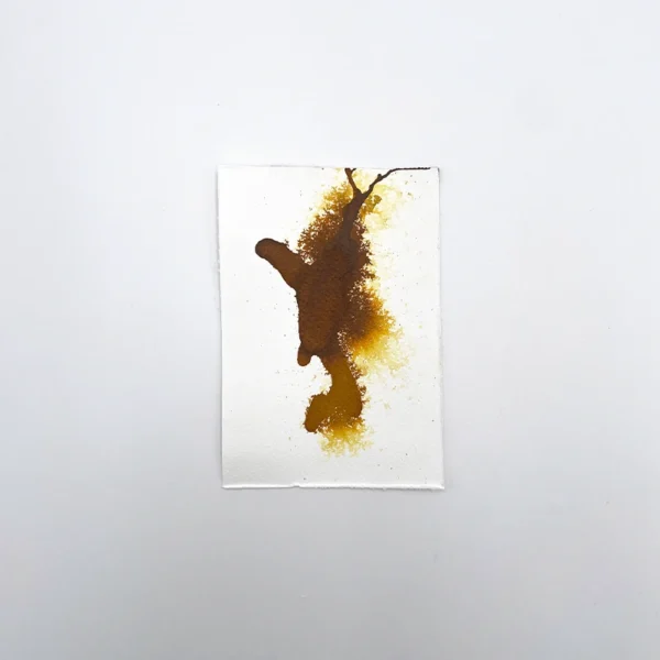 Prøve på okker tegneblæk på akvarelpapir med gradient- og spredeeffekt.