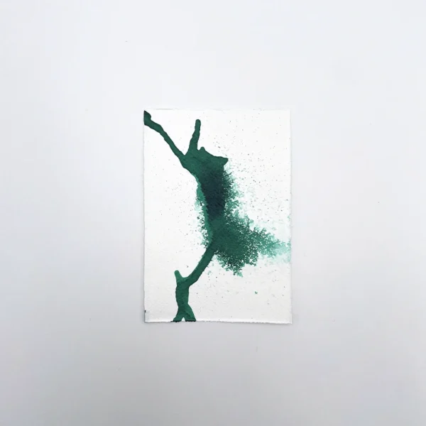 Prøve på phthalo grøn tegneblæk på akvarelpapir med gradient- og spredeeffekt.