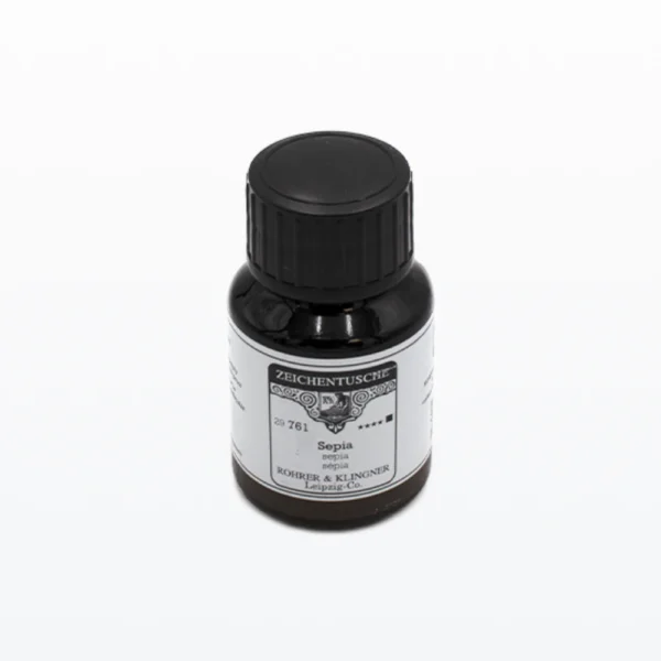 50 ml. flydende vandfast tusch i farven sepia på glasflaske med skruelåg. Fra fabrikanten Rohrer & Klingner