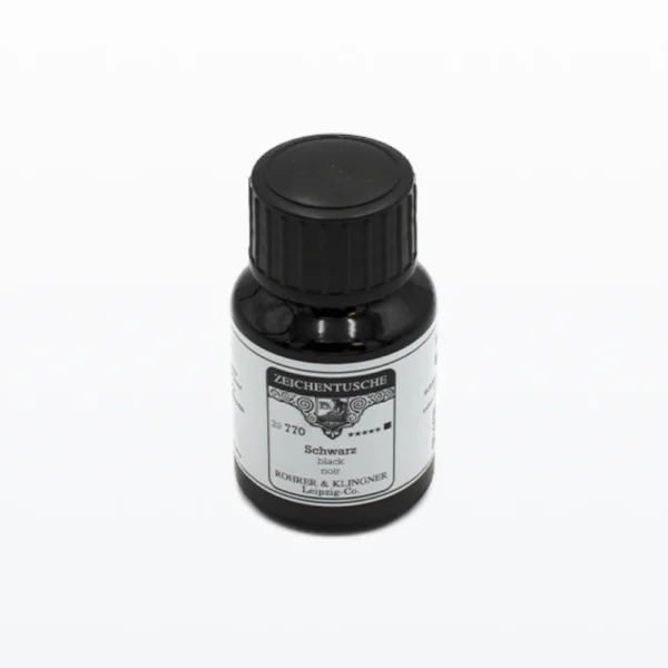 50 ml. flydende vandfast tusch i farven sort på glasflaske med skruelåg. Fra fabrikanten Rohrer & Klingner