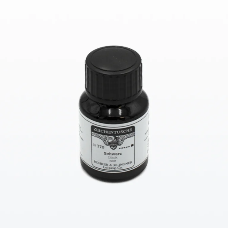 50 ml. flydende vandfast tusch i farven sort på glasflaske med skruelåg. Fra fabrikanten Rohrer & Klingner