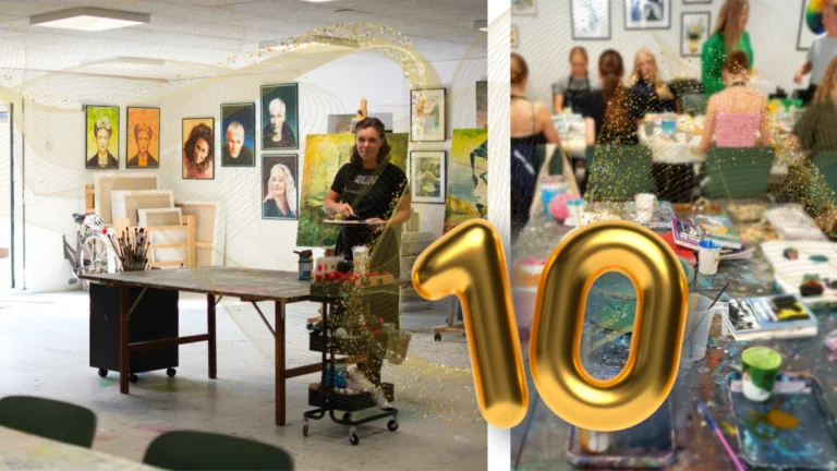Unge som maler og Christina Monrad som blander farver hos Kreativenergi