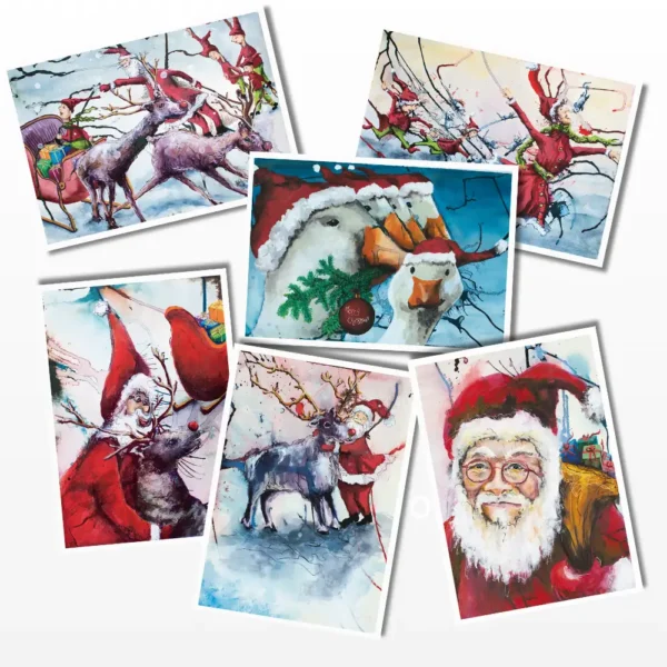 6 julekort med tuschballade motiver af Christina Monrad
