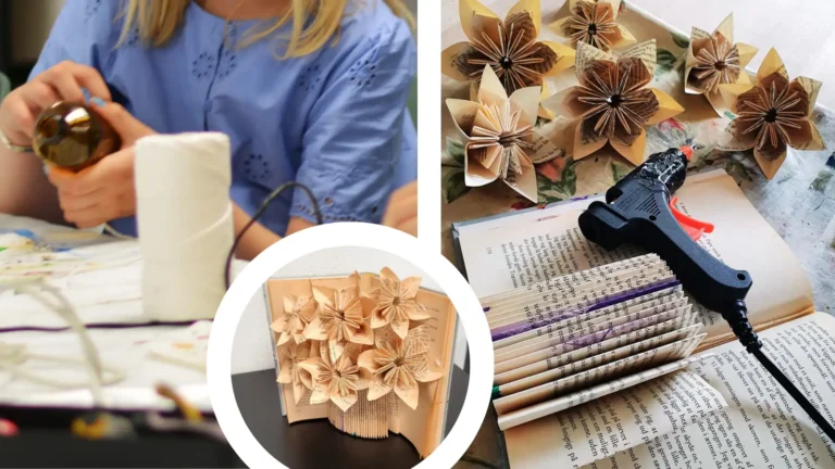 Blomster foldet af papir fra gamle bøger. Bogfoldning krea-café hos kreativenergi.dk