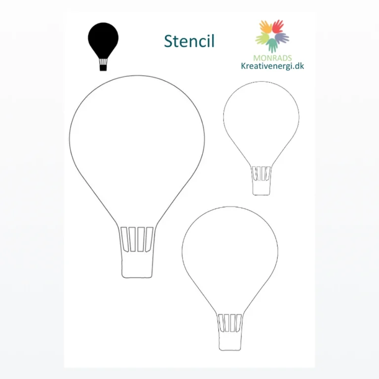 Skabelon med konturtegninger af tre varmluftballoner i forskellige størrelser fra Monrads Kreativenergi.dk.